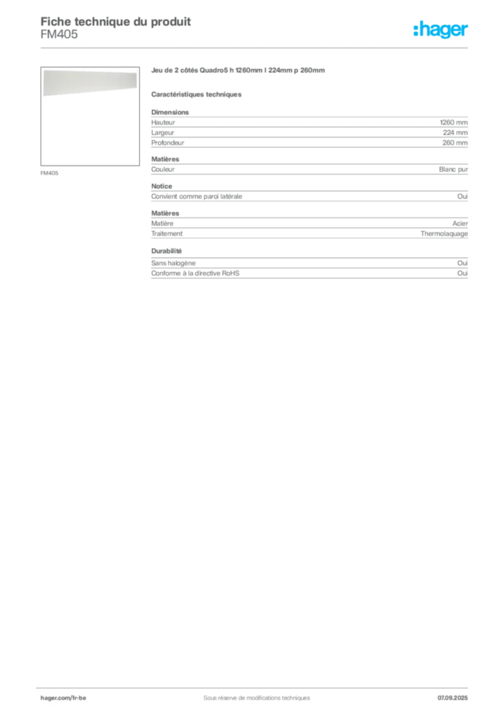 Image Hager Fiche technique du produit FM405 | Hager Belgique