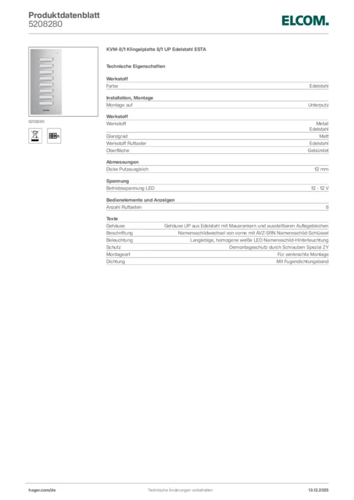 Bild Elcom Produktdatenblatt 5208280 | Hager Deutschland