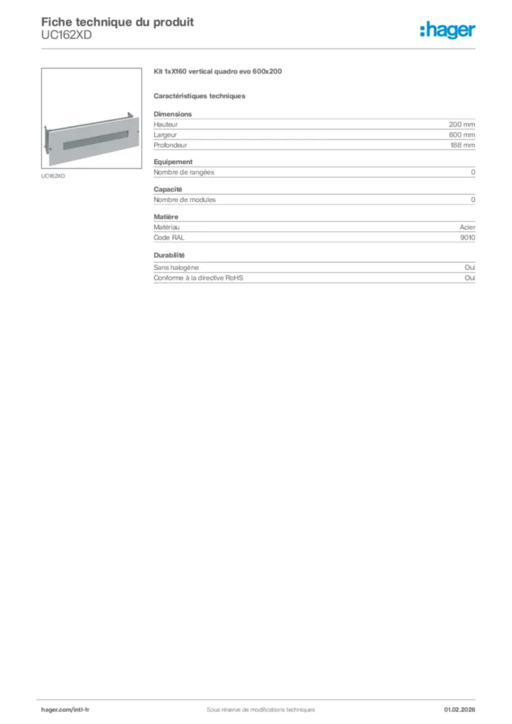 Image Hager Fiche technique du produit UC162XD | Hager Afrique