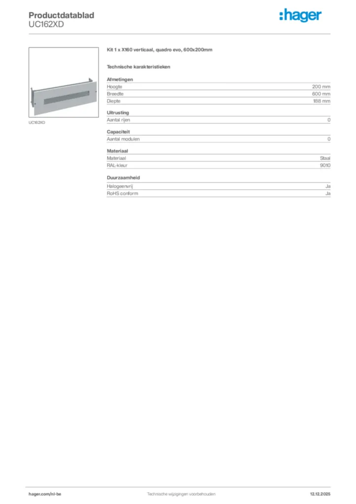 Afbeelding Hager Productdatablad UC162XD | Hager Belgium