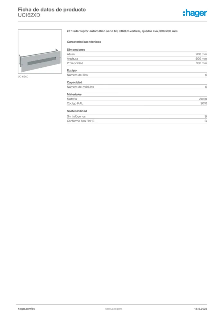 Imagen Hager Ficha de datos de producto UC162XD | Hager España