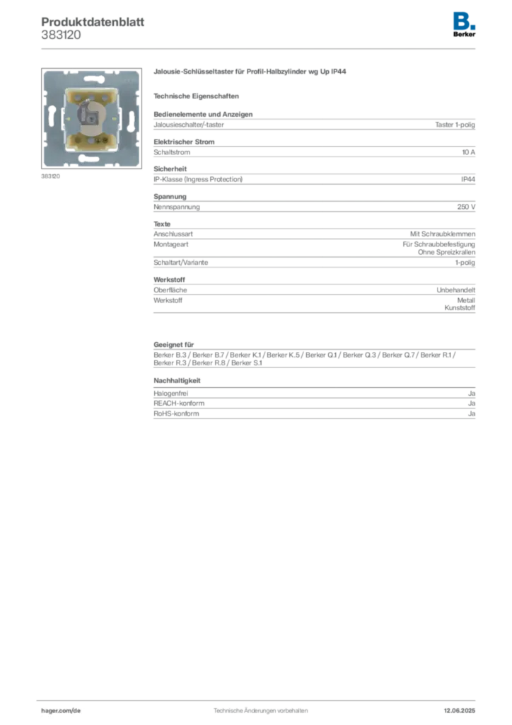 Bild Berker Produktdatenblatt 383120 | Hager Deutschland
