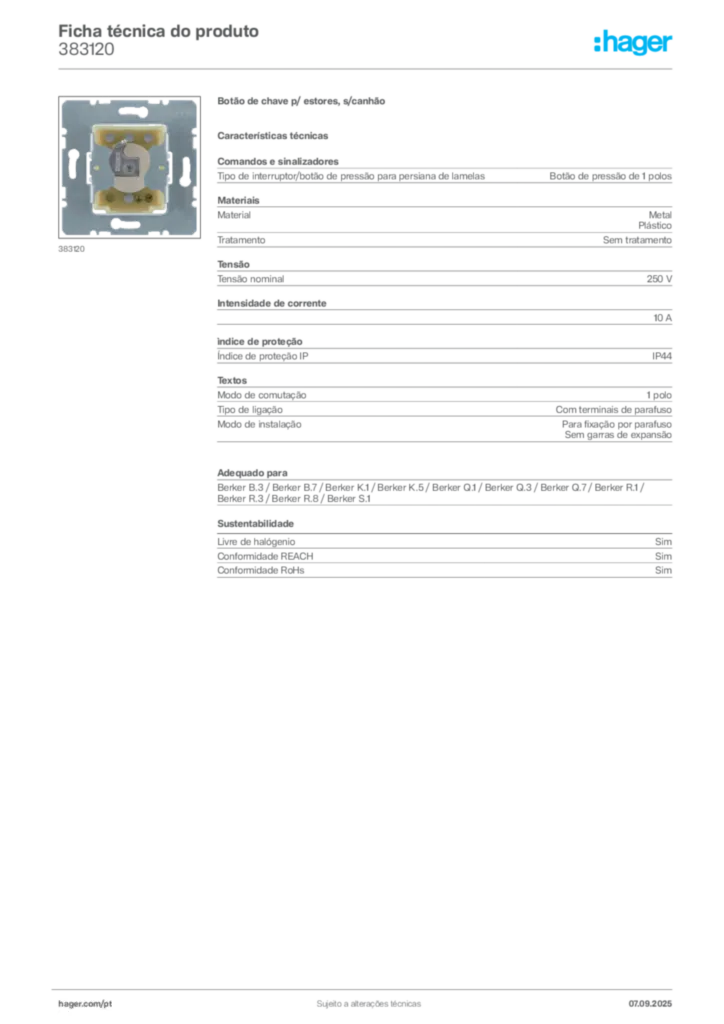 Imagem Hager Ficha técnica do produto 383120 | Hager Portugal