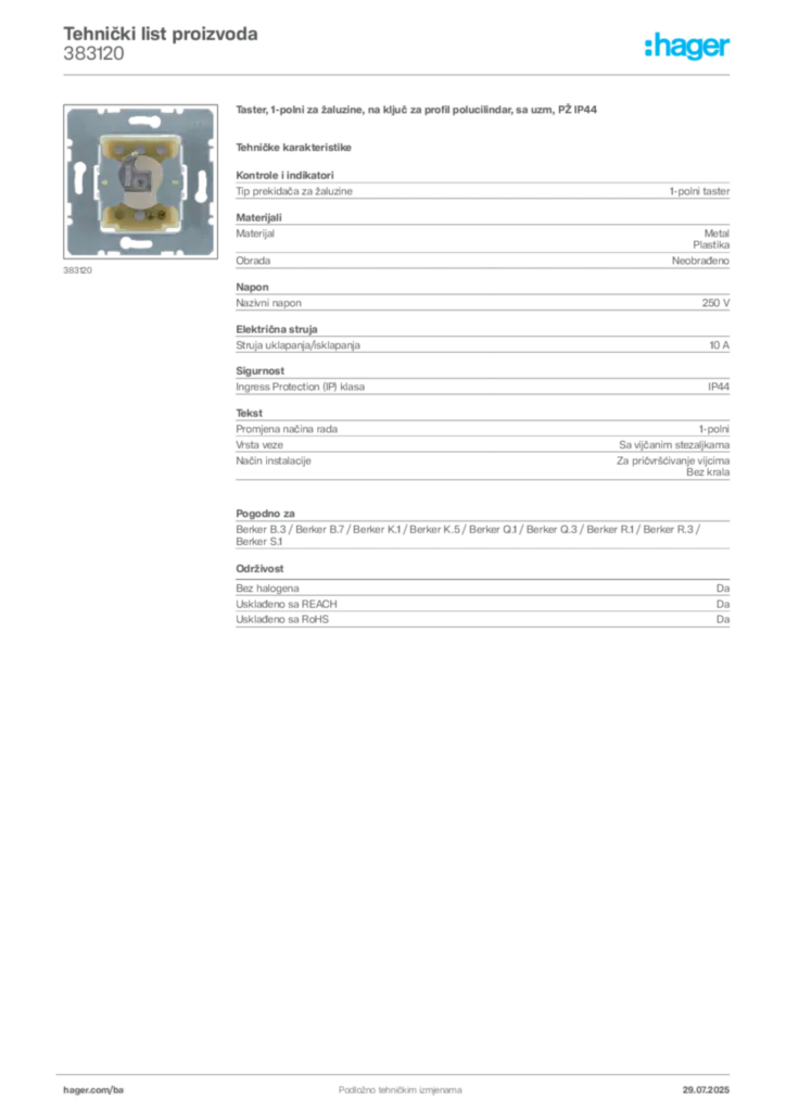 Slika Hager Product data sheet 383120  | Hager