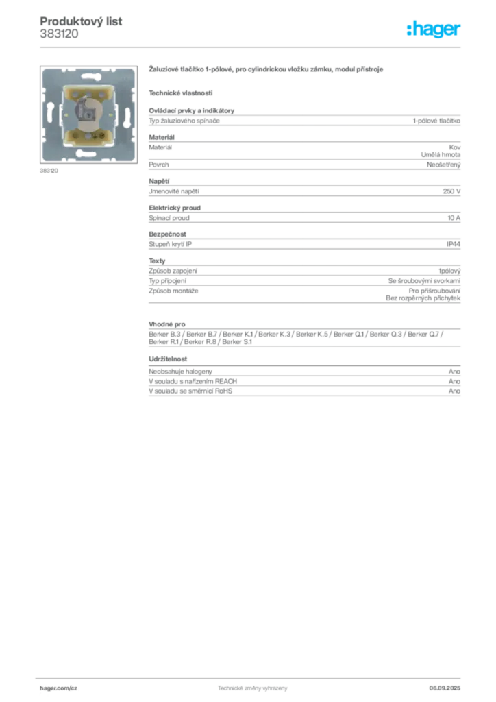Obrázek Hager Produktový list 383120 | Hager