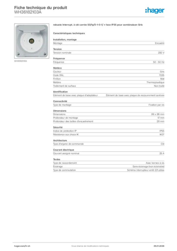 Image Hager Fiche technique du produit WH36182103A | Hager Suisse