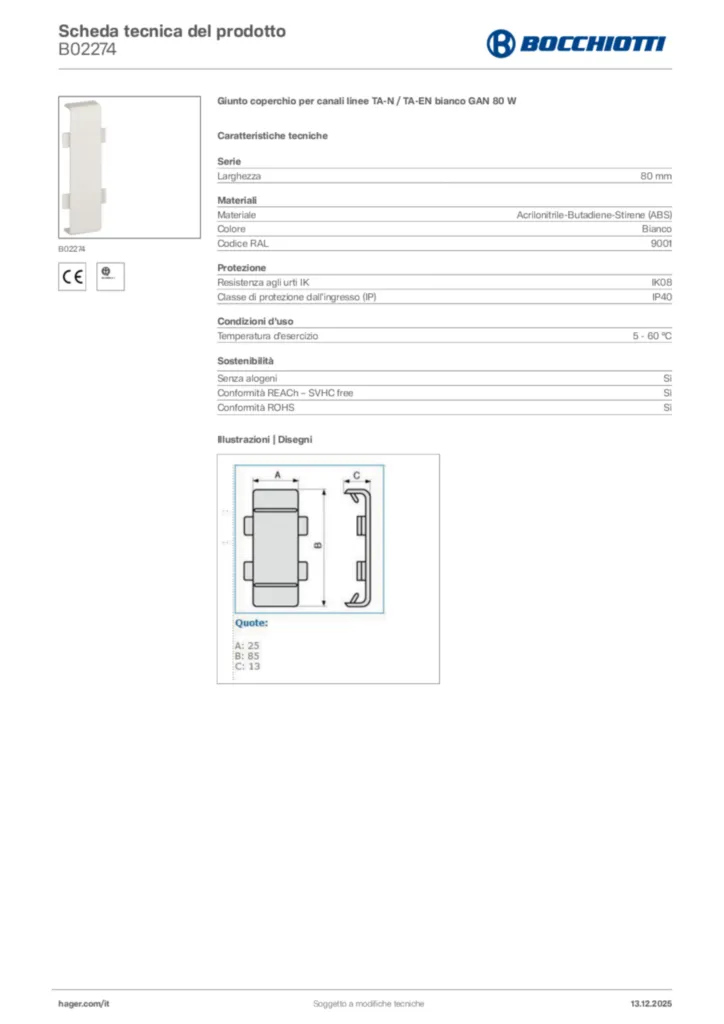 Immagine Bocchiotti Scheda tecnica del prodotto B02274 | Hager Italia