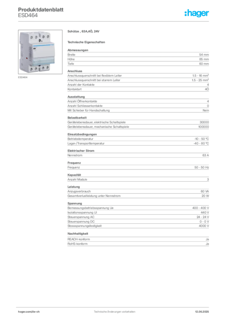 Bild Hager Produktdatenblatt ESD464 | Hager Schweiz