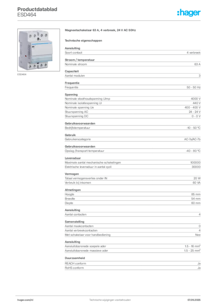 Afbeelding Hager Productdatablad ESD464 | Hager Nederland