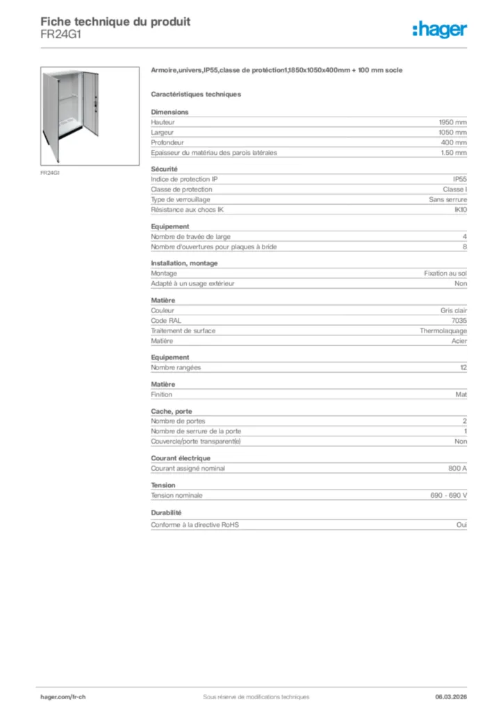 Image Hager Fiche technique du produit FR24G1 | Hager Suisse