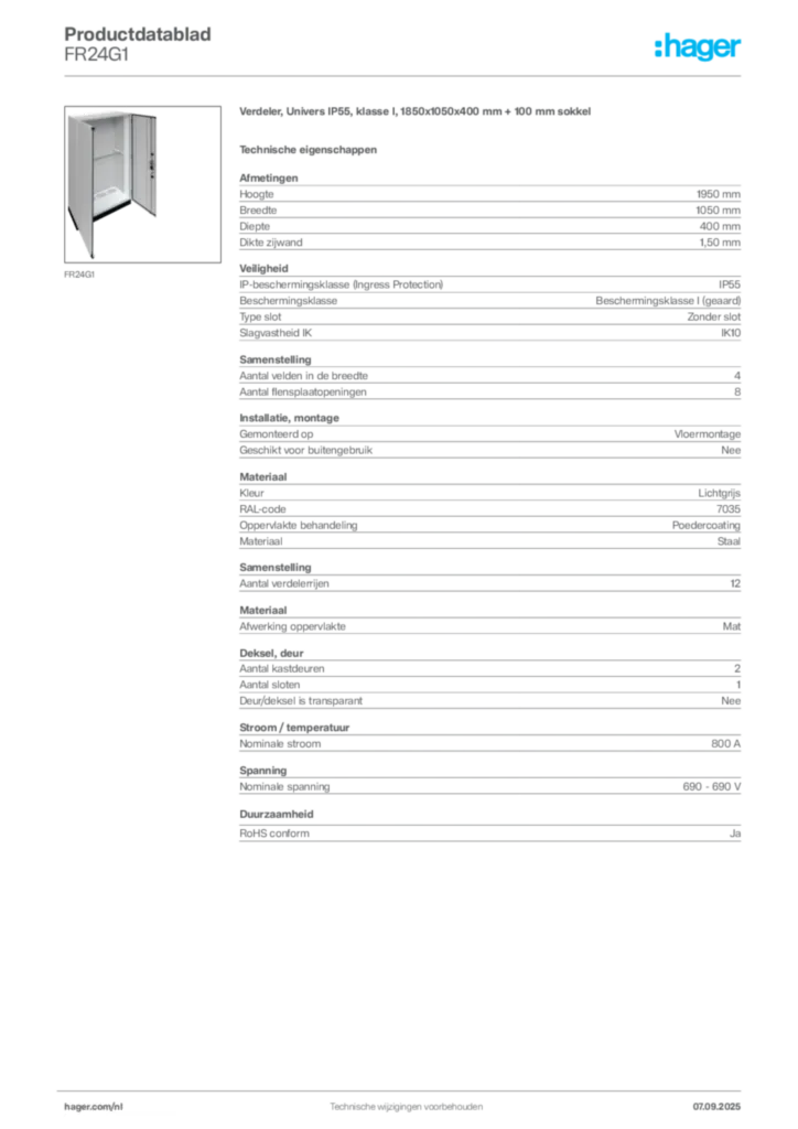 Afbeelding Hager Productdatablad FR24G1 | Hager Nederland