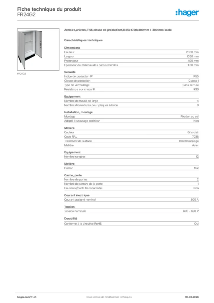 Image Hager Fiche technique du produit FR24G2 | Hager Suisse