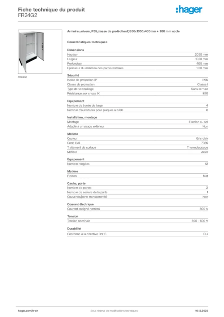 Image Hager Fiche technique du produit FR24G2 | Hager Suisse