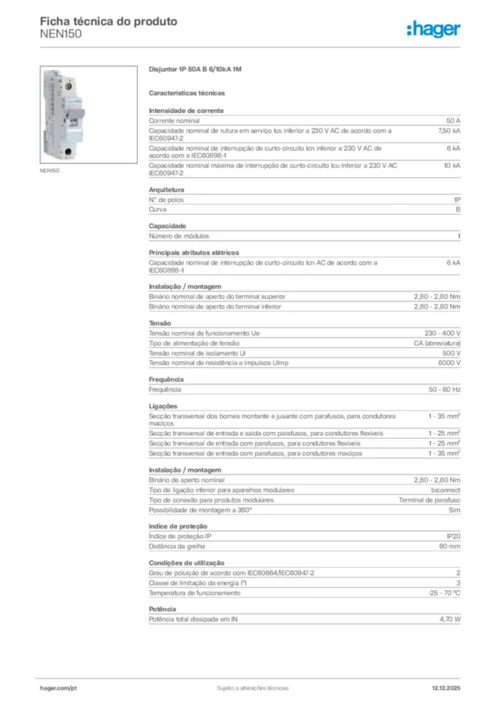 Imagem Hager Ficha técnica do produto NEN150 | Hager Portugal