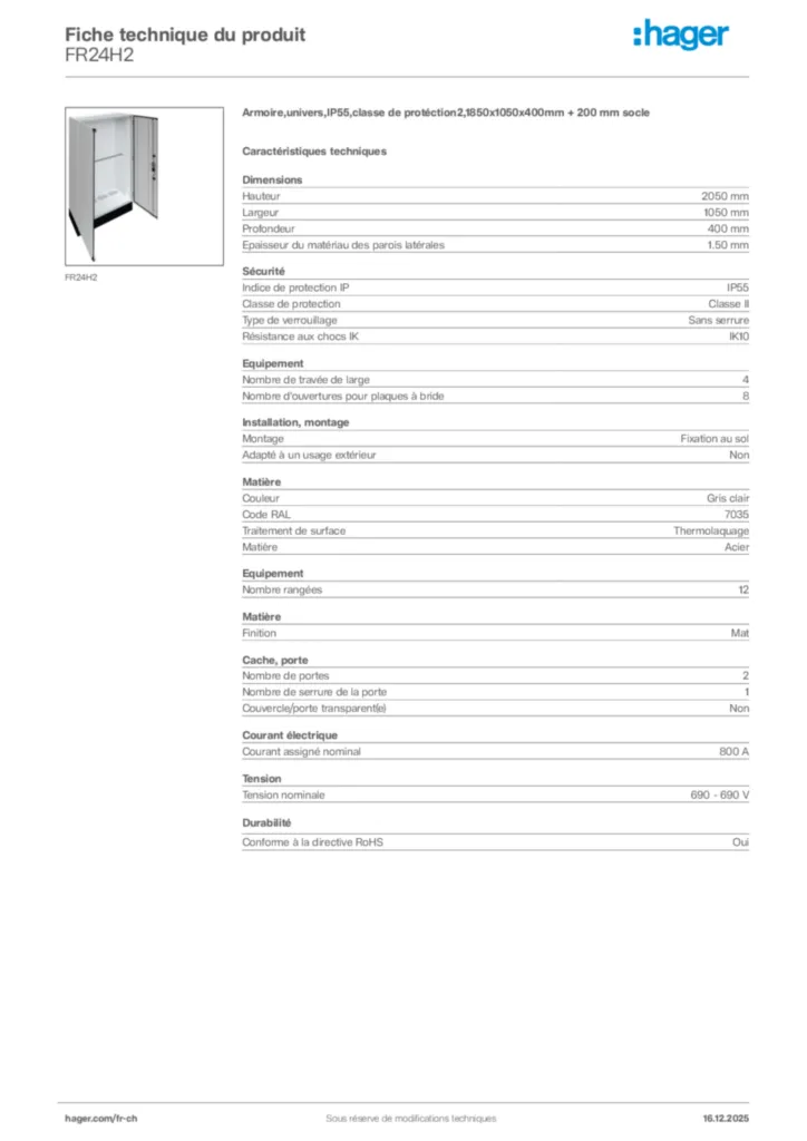 Image Hager Fiche technique du produit FR24H2 | Hager Suisse