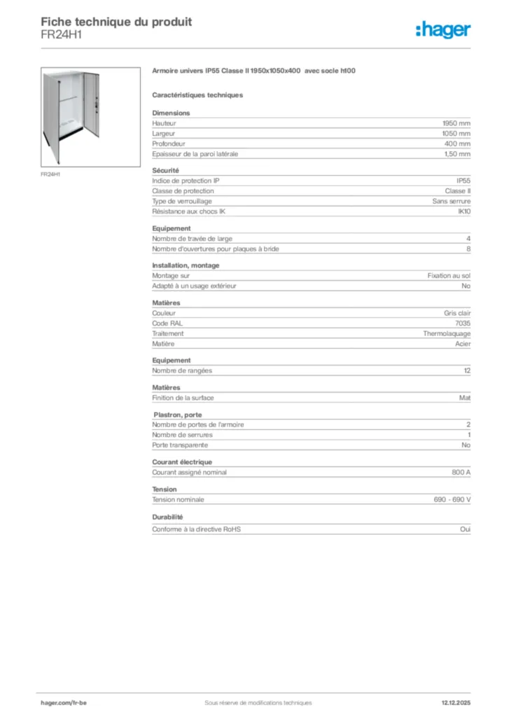 Image Hager Fiche technique du produit FR24H1 | Hager Belgique