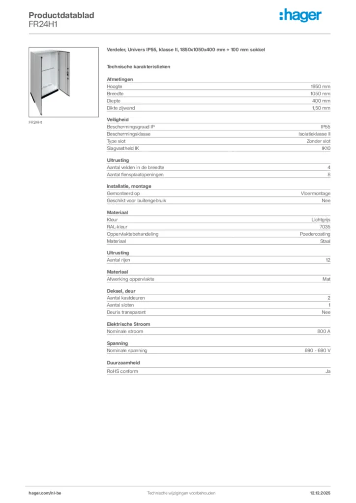 Afbeelding Hager Productdatablad FR24H1 | Hager Belgium