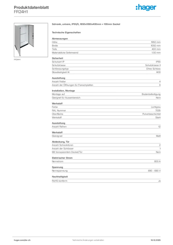 Bild Hager Produktdatenblatt FR24H1 | Hager Schweiz