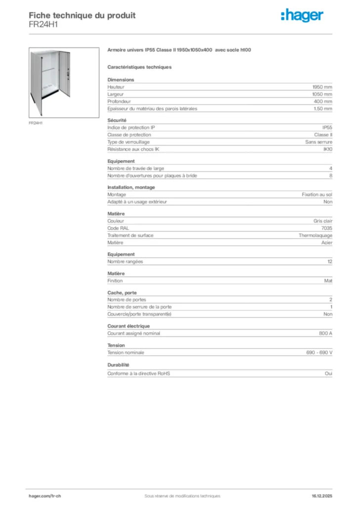 Image Hager Fiche technique du produit FR24H1 | Hager Suisse
