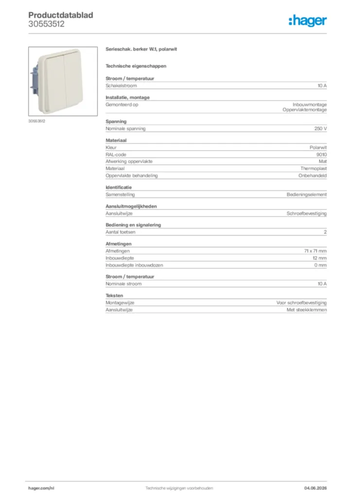 Afbeelding Hager Productdatablad 30553512 | Hager Nederland