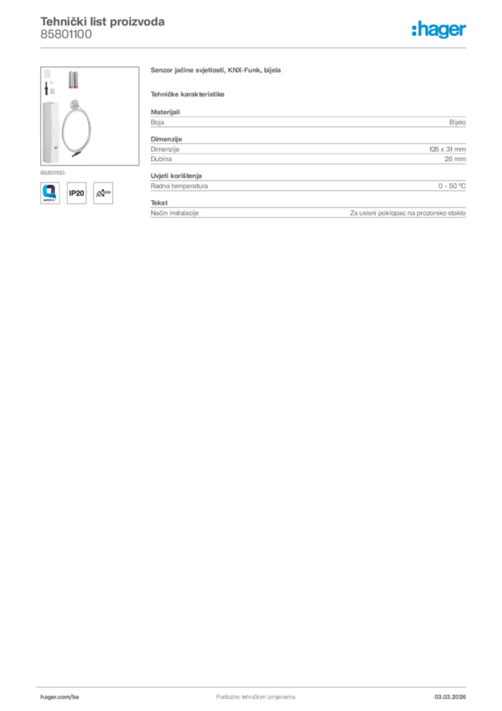 Slika Hager Tehnički list proizvoda 85801100  | Hager