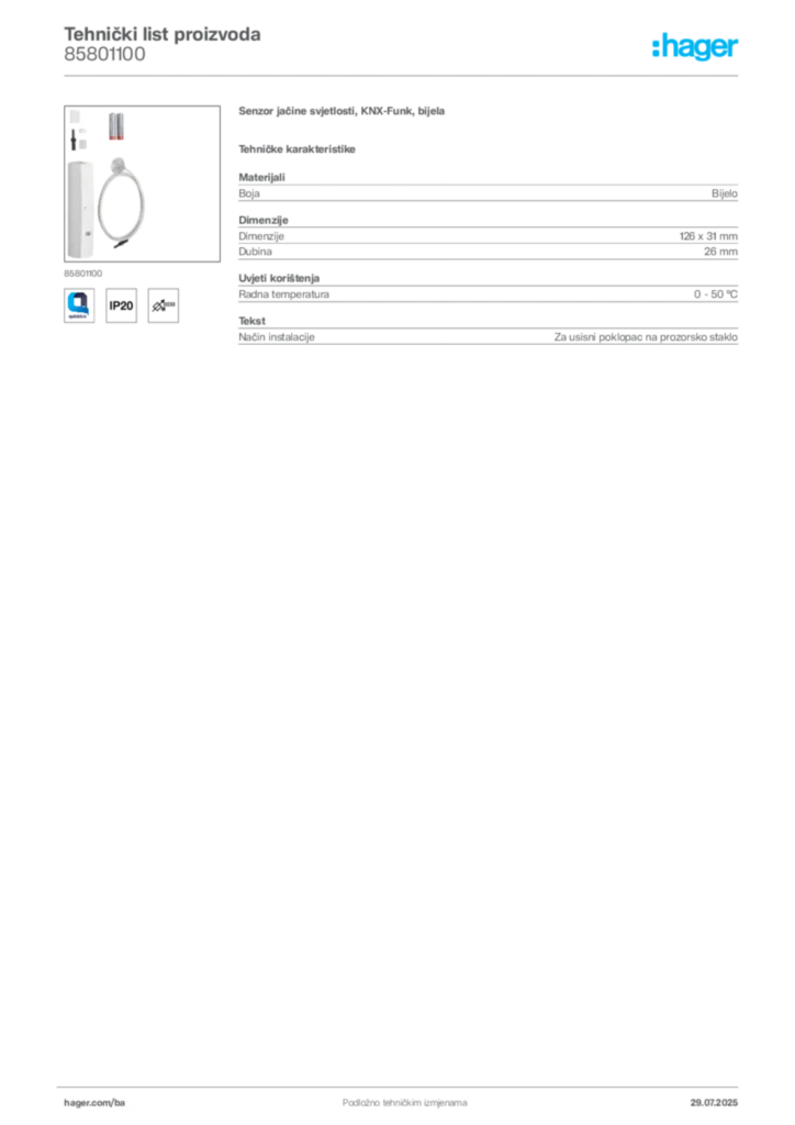 Slika Hager Product data sheet 85801100  | Hager