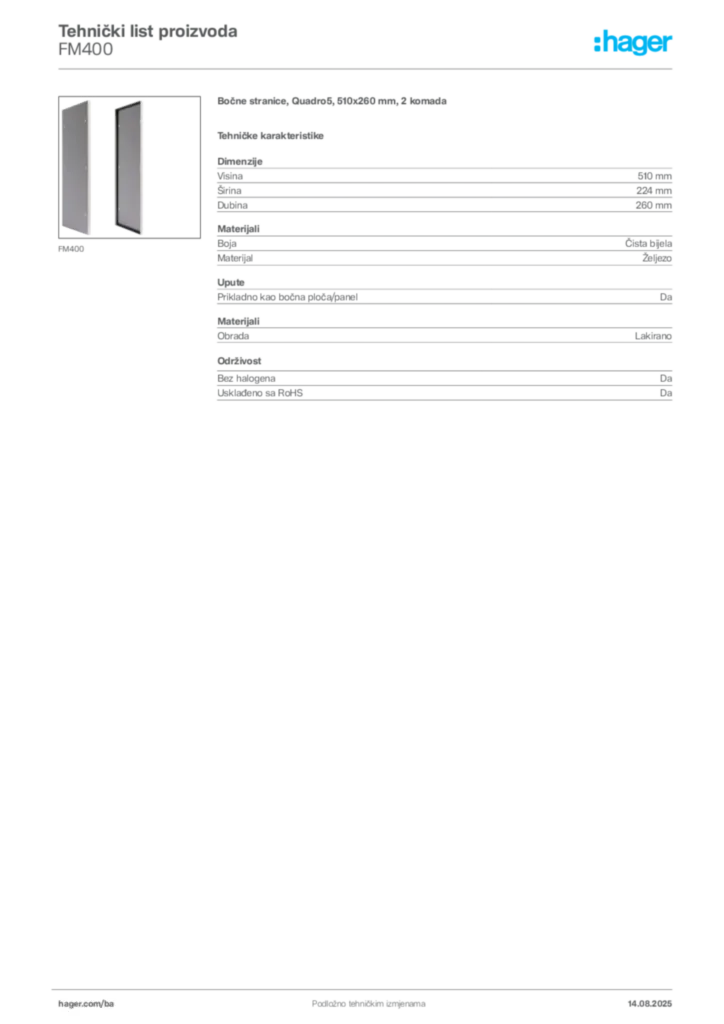 Slika Hager Product data sheet FM400  | Hager