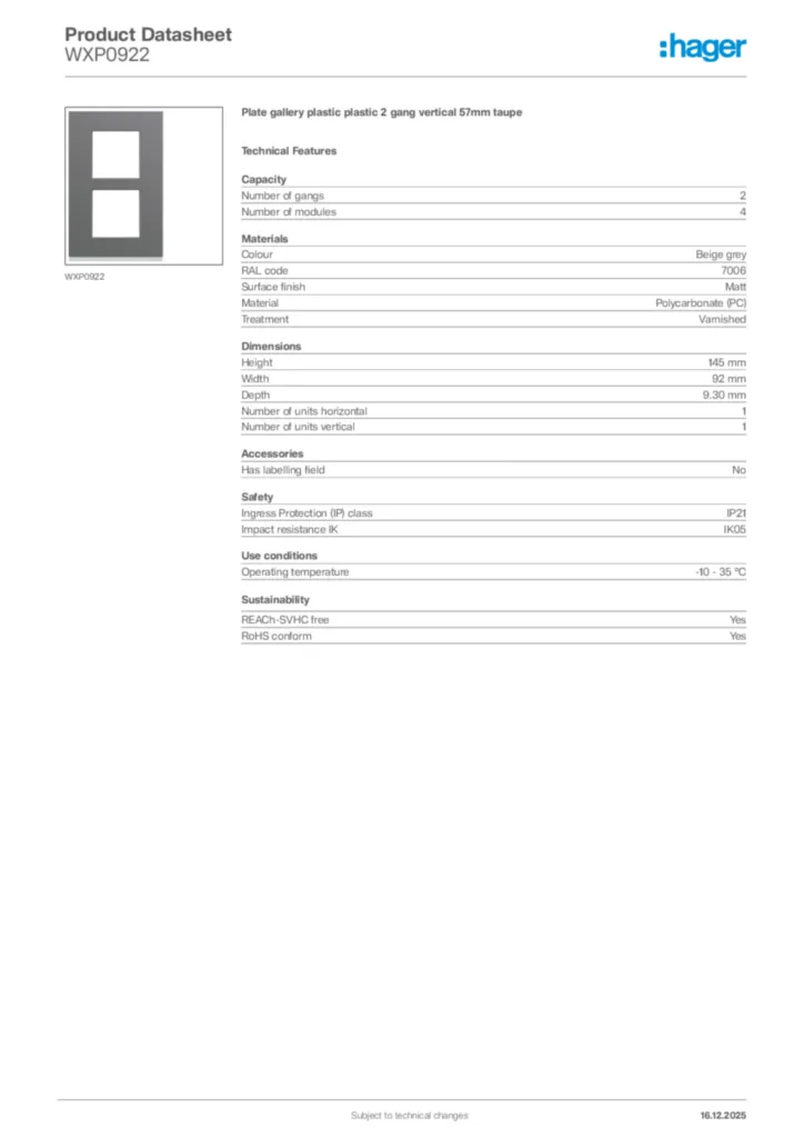 Image Hager Product data sheet WXP0922  | Hager Africa