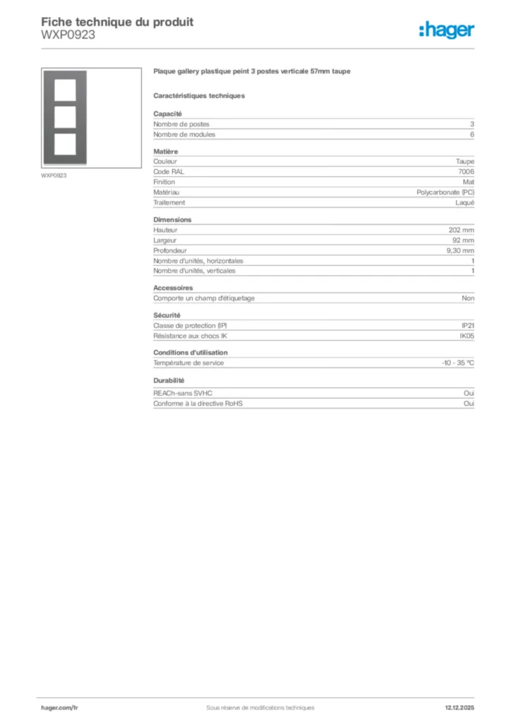 Image Hager Fiche technique du produit WXP0923 | Hager France