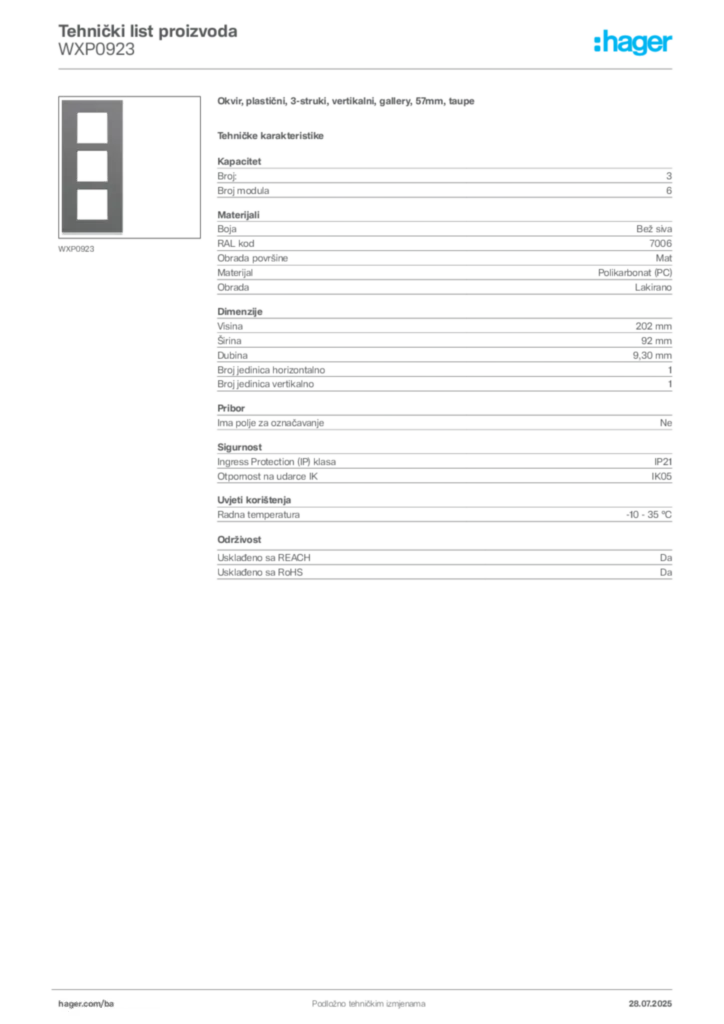 Slika Hager Product data sheet WXP0923  | Hager