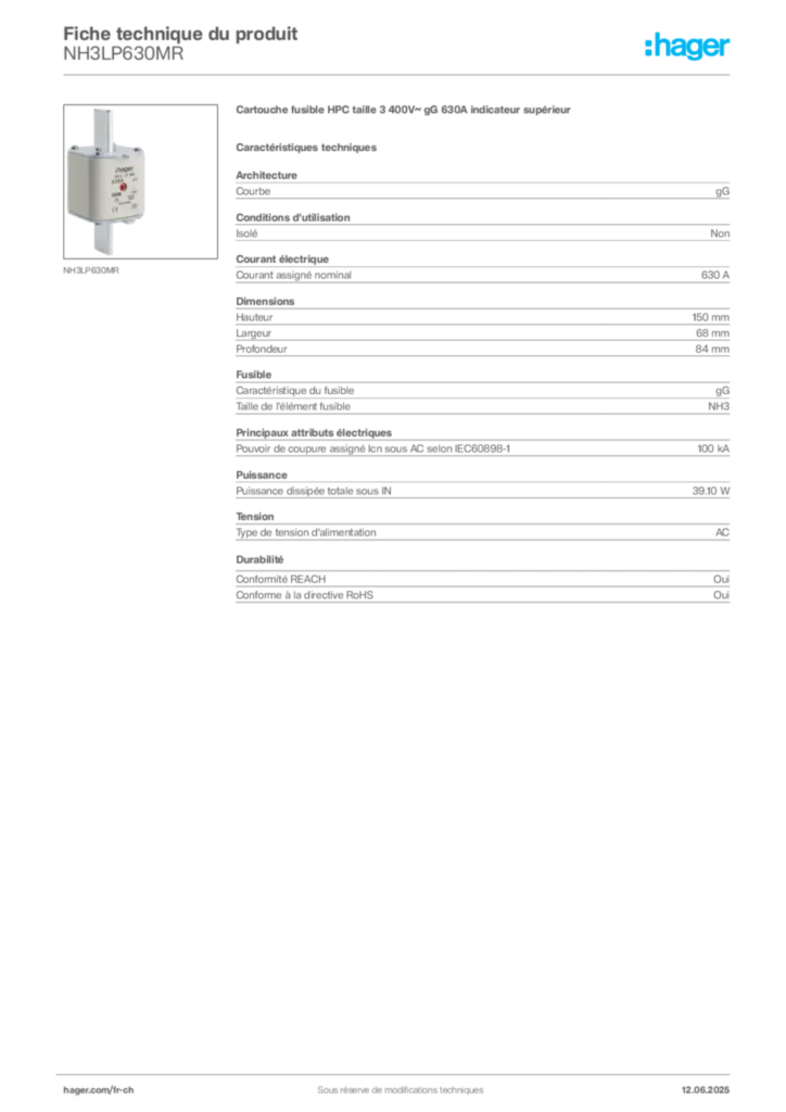 Image Hager Fiche technique du produit NH3LP630MR | Hager Suisse