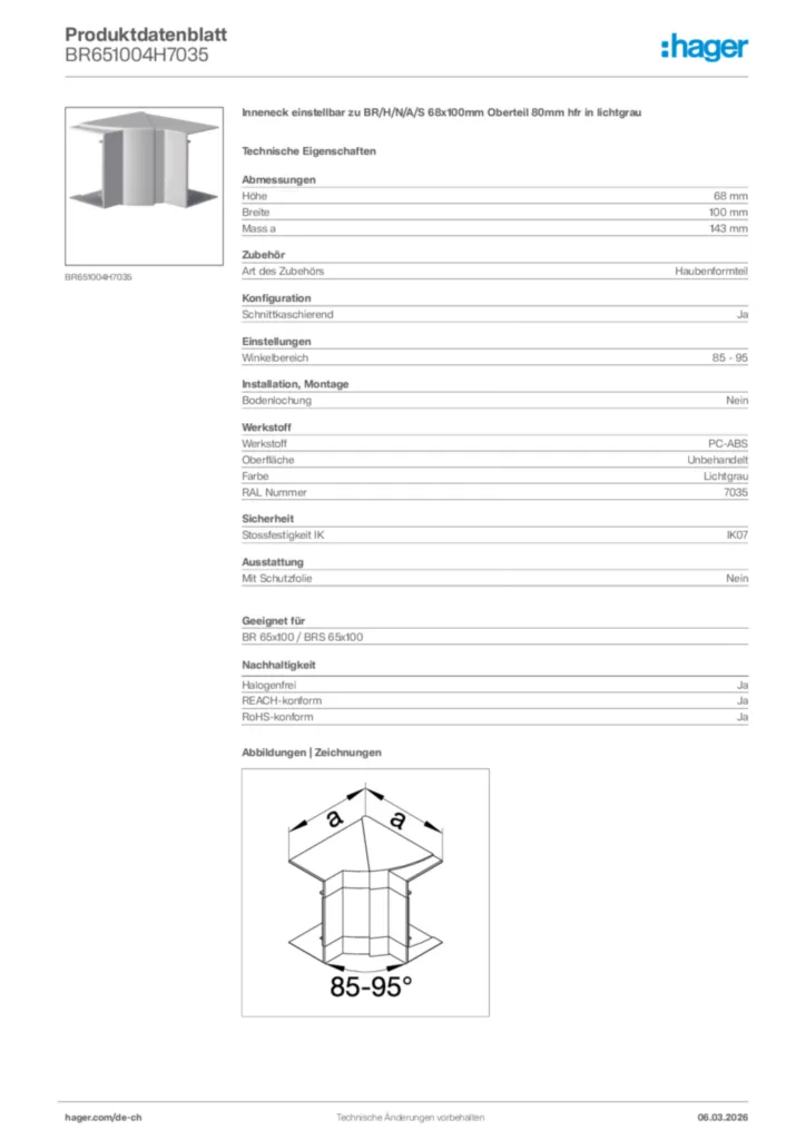 Bild Hager Produktdatenblatt BR651004H7035 | Hager Schweiz