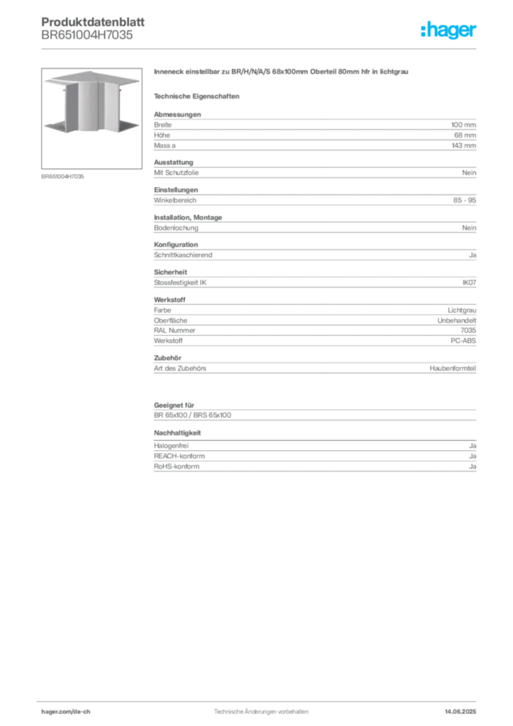 Bild Hager Produktdatenblatt BR651004H7035 | Hager Schweiz