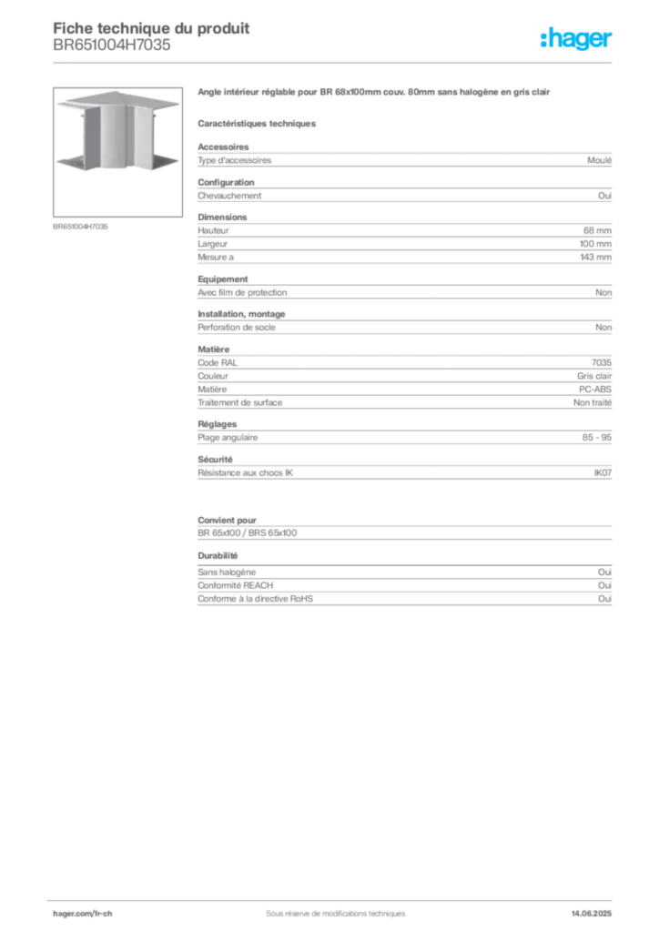 Image Hager Fiche technique du produit BR651004H7035 | Hager Suisse