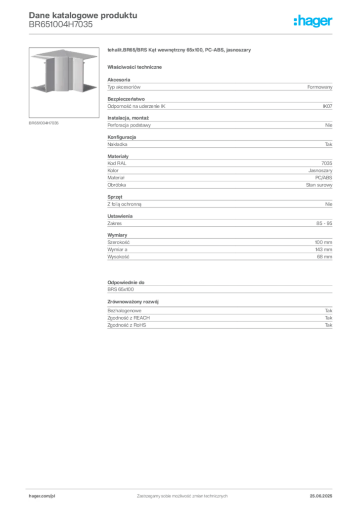 Zdjęcie Hager Karta katalogowa BR651004H7035 | Hager Polska