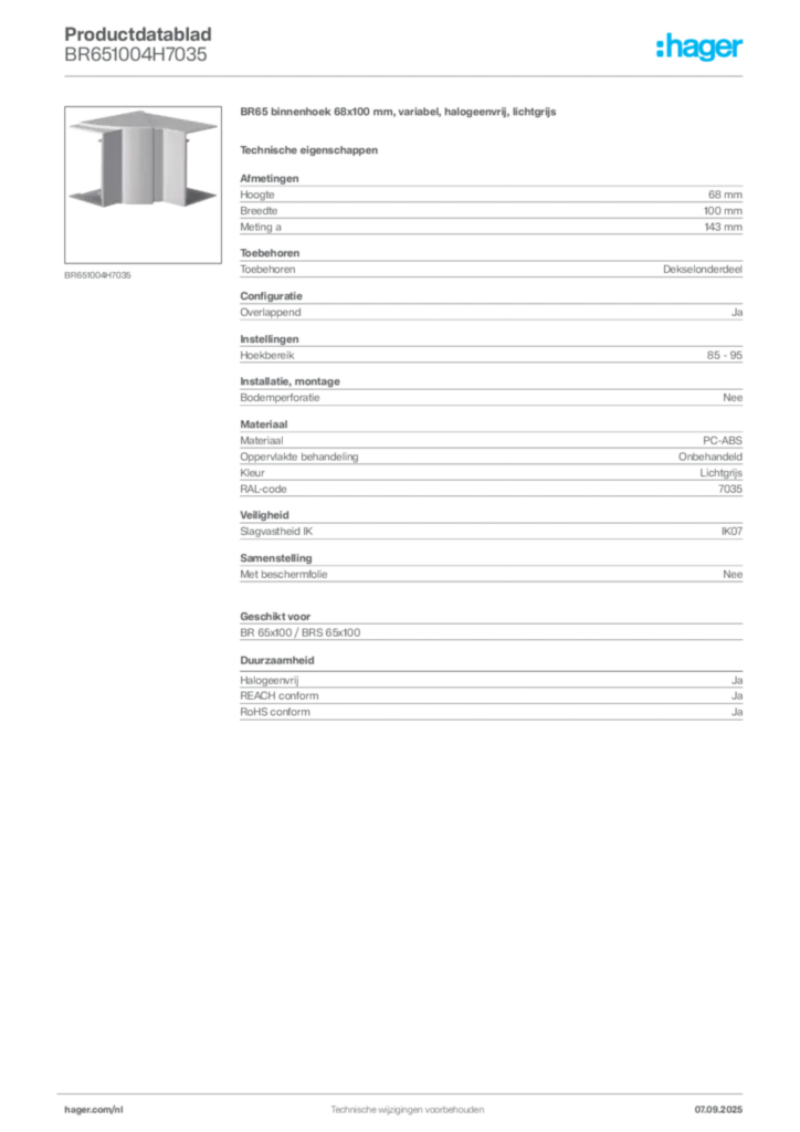 Afbeelding Hager Productdatablad BR651004H7035 | Hager Nederland