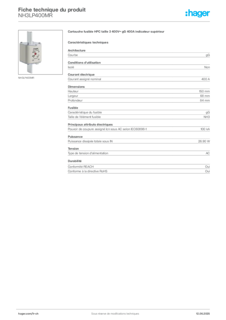 Image Hager Fiche technique du produit NH3LP400MR | Hager Suisse