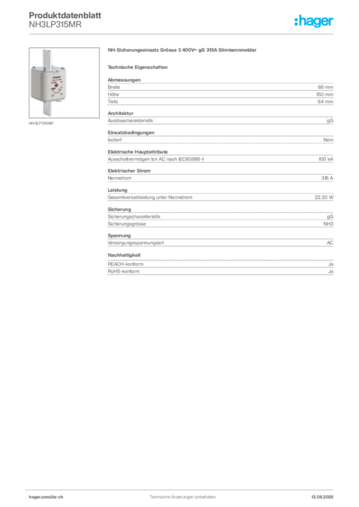 Bild Hager Produktdatenblatt NH3LP315MR | Hager Schweiz