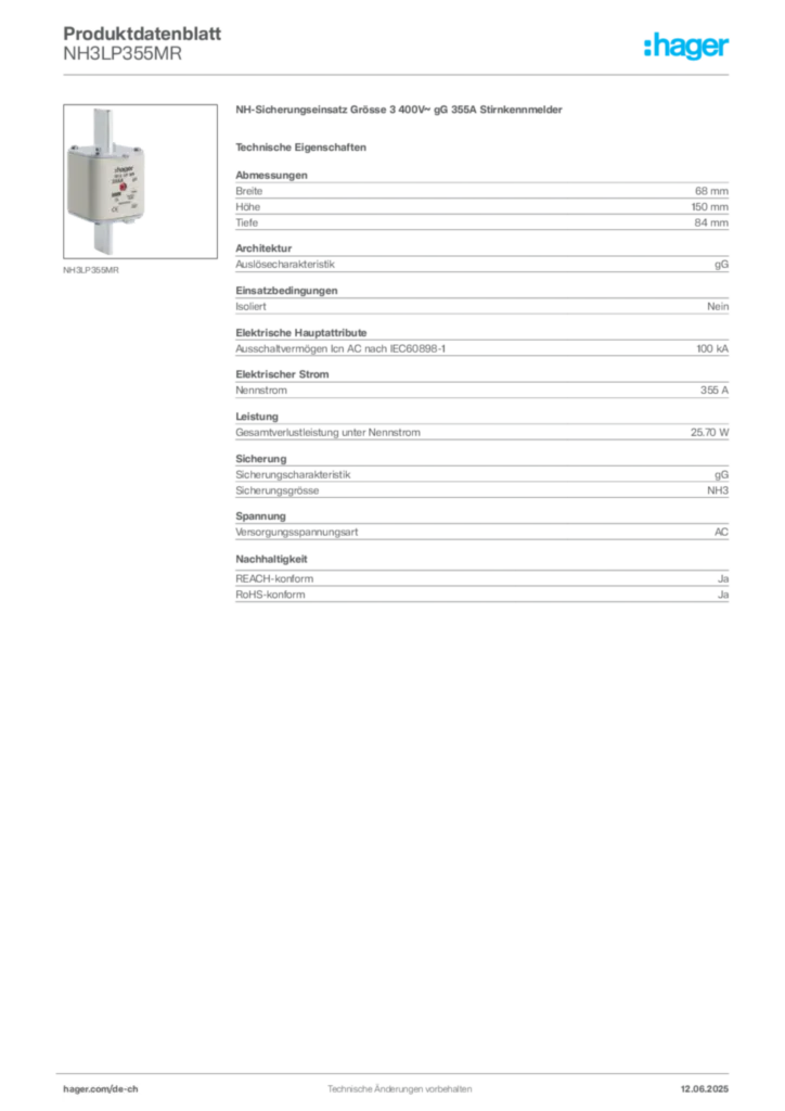 Bild Hager Produktdatenblatt NH3LP355MR | Hager Schweiz