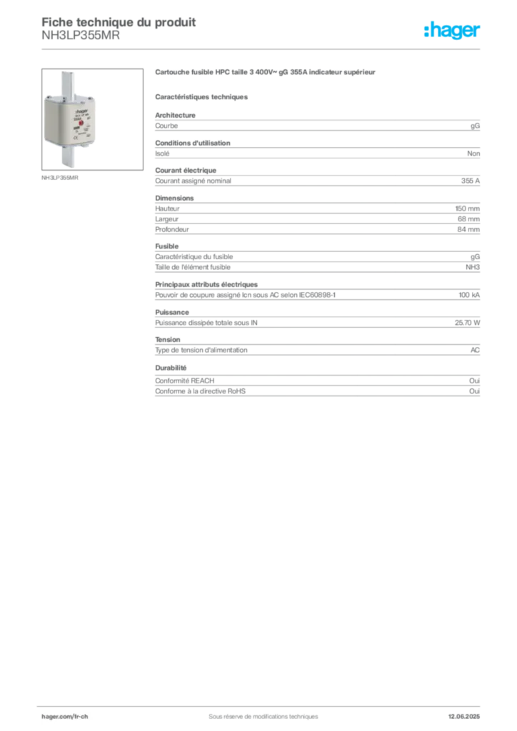 Image Hager Fiche technique du produit NH3LP355MR | Hager Suisse