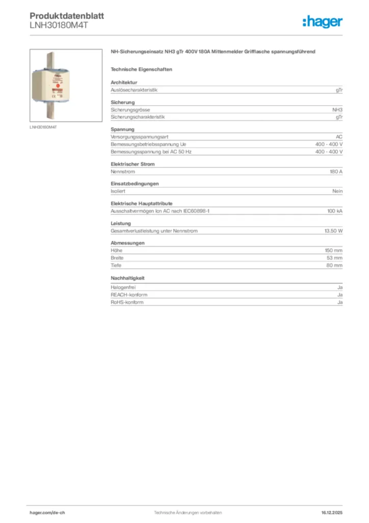 Bild Hager Produktdatenblatt LNH30180M4T | Hager Schweiz