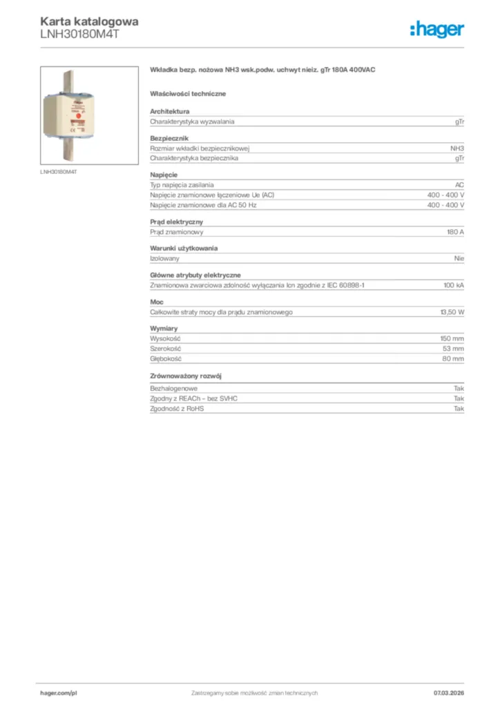 Zdjęcie Hager Karta katalogowa LNH30180M4T | Hager Polska