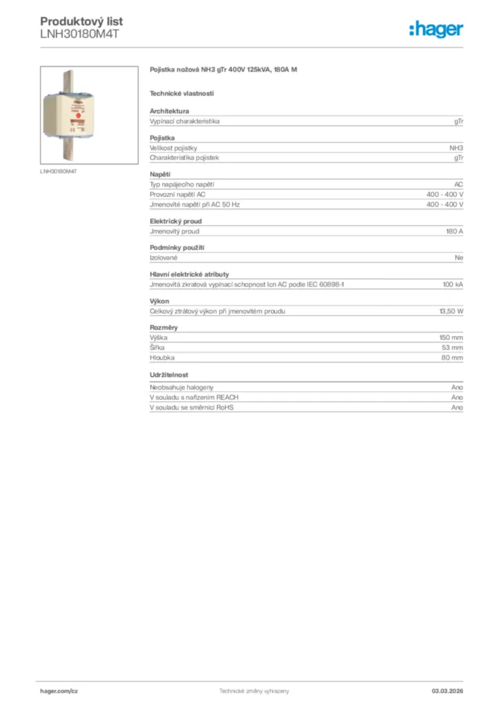 Obrázek Hager Product data sheet LNH30180M4T | Hager