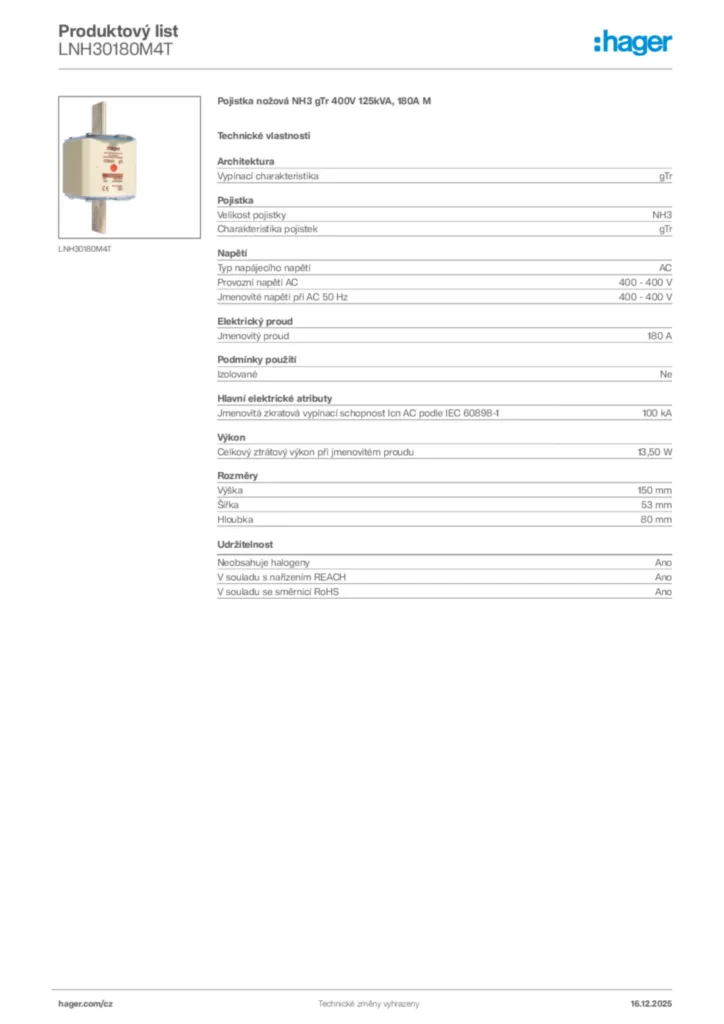 Obrázek Hager Produktový list LNH30180M4T | Hager