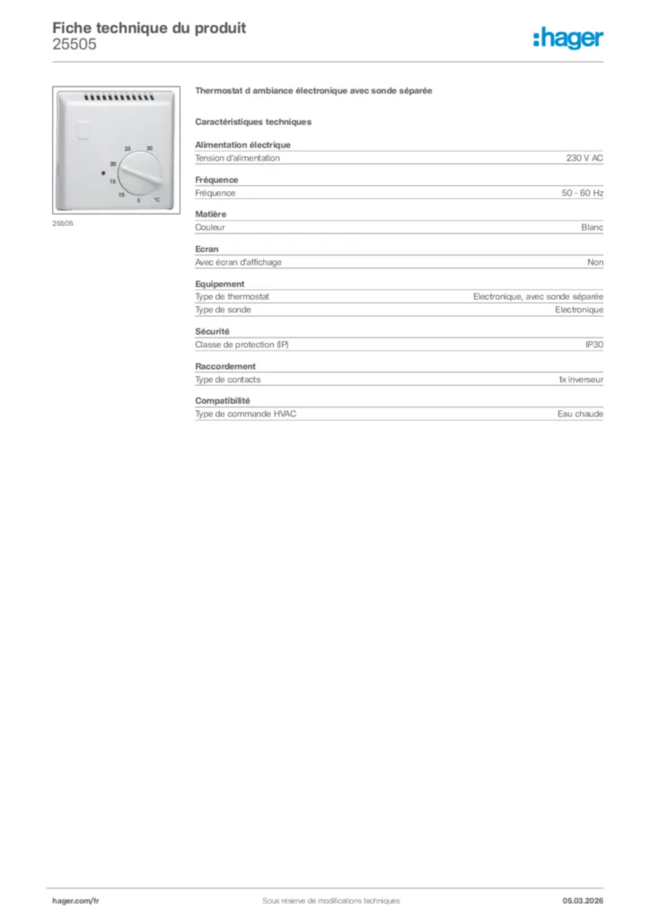 Image Hager Fiche technique du produit 25505 | Hager France