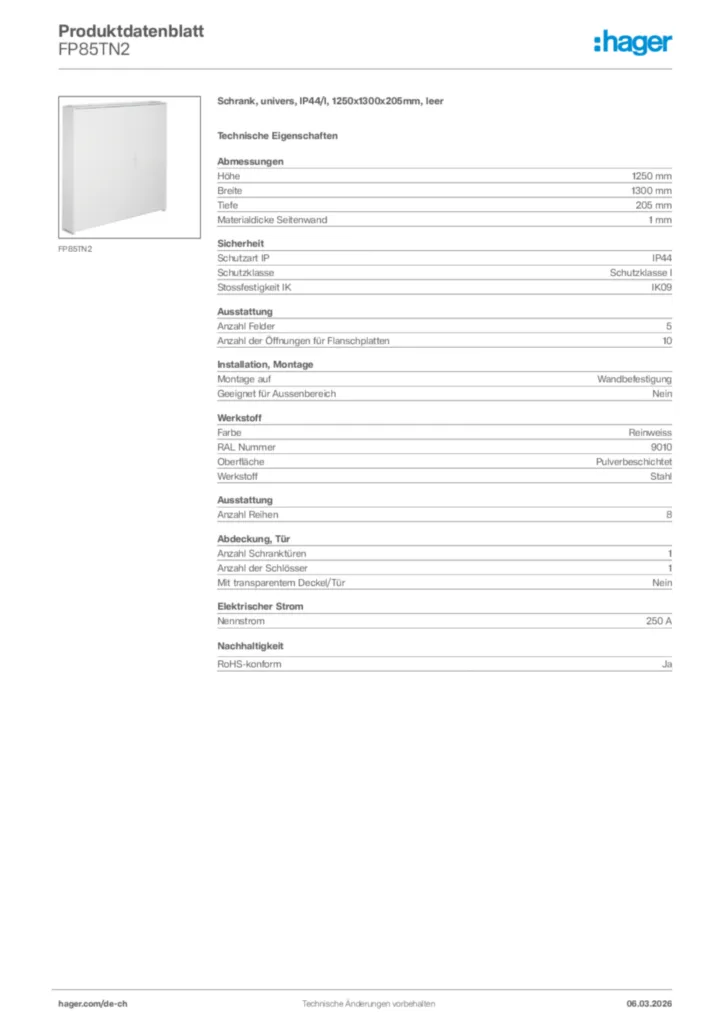 Bild Hager Produktdatenblatt FP85TN2 | Hager Schweiz