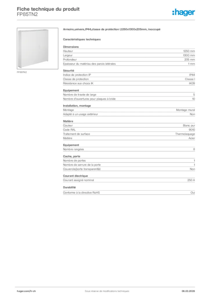 Image Hager Fiche technique du produit FP85TN2 | Hager Suisse