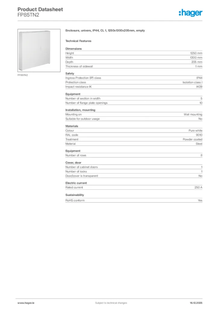 Image Hager Product data sheet FP85TN2  | Hager