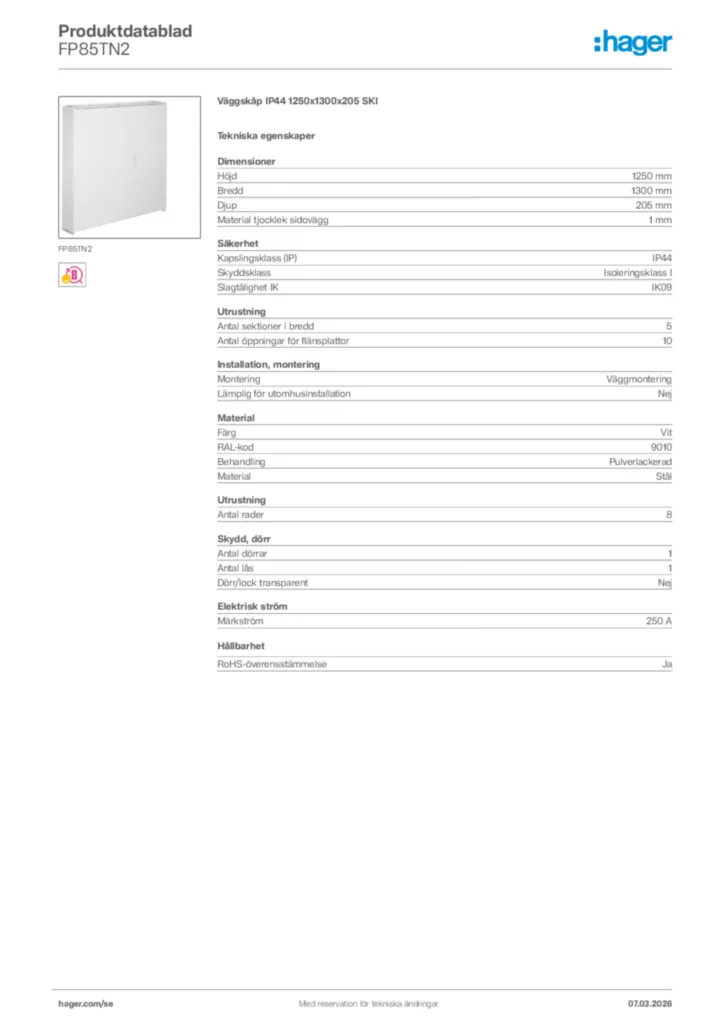 Bild Hager Produktdatablad FP85TN2 | Hager Sverige