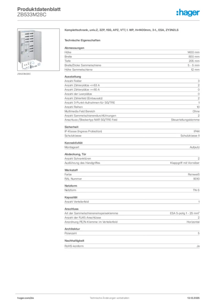 Bild Hager Produktdatenblatt ZB533M28C | Hager Deutschland
